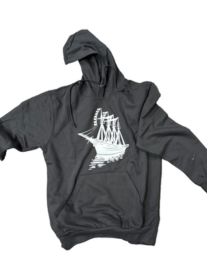 A black pullover hoodie with a white graphic of a tall ship on the chest